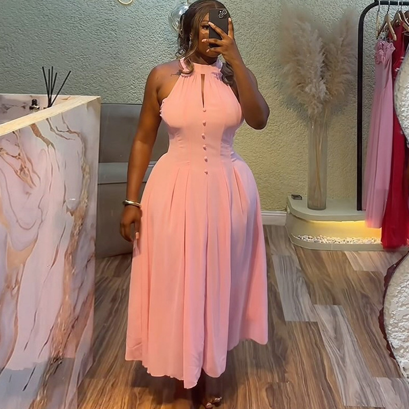 Elegant Halter Sleeveless Waist Slimming Mid length Dress Pink - Shop at LoveMi