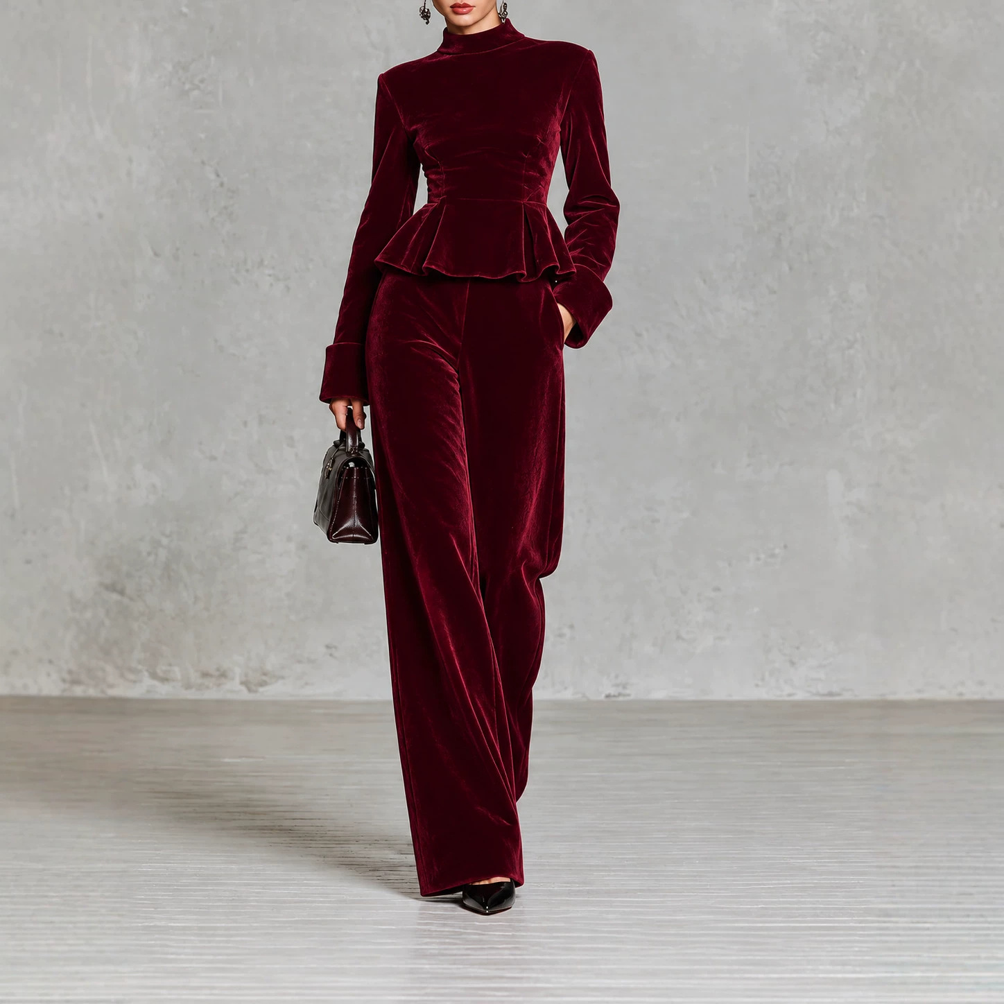 Ruffle-trim Long-sleeve Top And Loose Wide-leg Pants Set