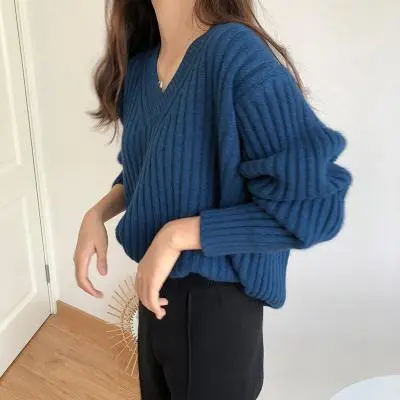 French Retro Loose And Lazy Style Pullover Sweater Design Sense Niche V neck Blue - Shop at LoveMi