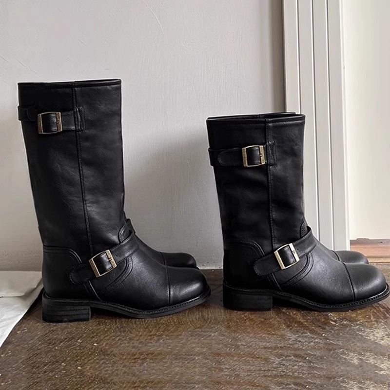 Niche Leather Belt-buckle Mid-length Thigh-high Boots