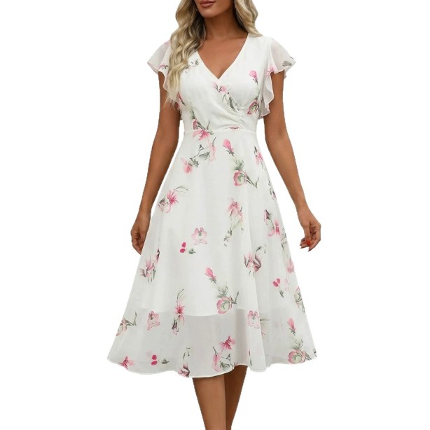 Fashionable Floral-print Chiffon Dress For Women