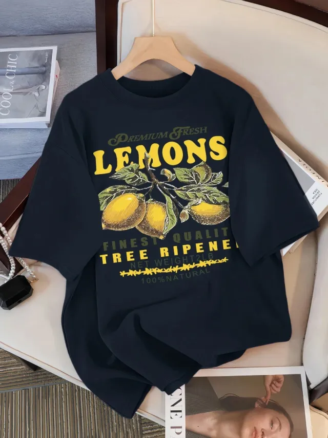 Lemon Fruit Printed Casual Fashion Casual Short Sleeve Clothing Black - Shop at LoveMi