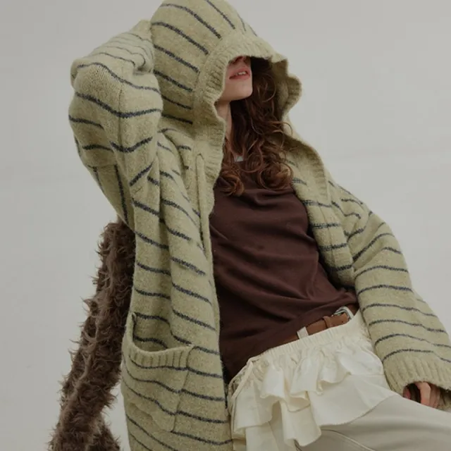 Versatile Contrast Color Striped Hooded Knitted Vintage Artistic Lazy Mid length Sweater Green - Shop at LoveMi