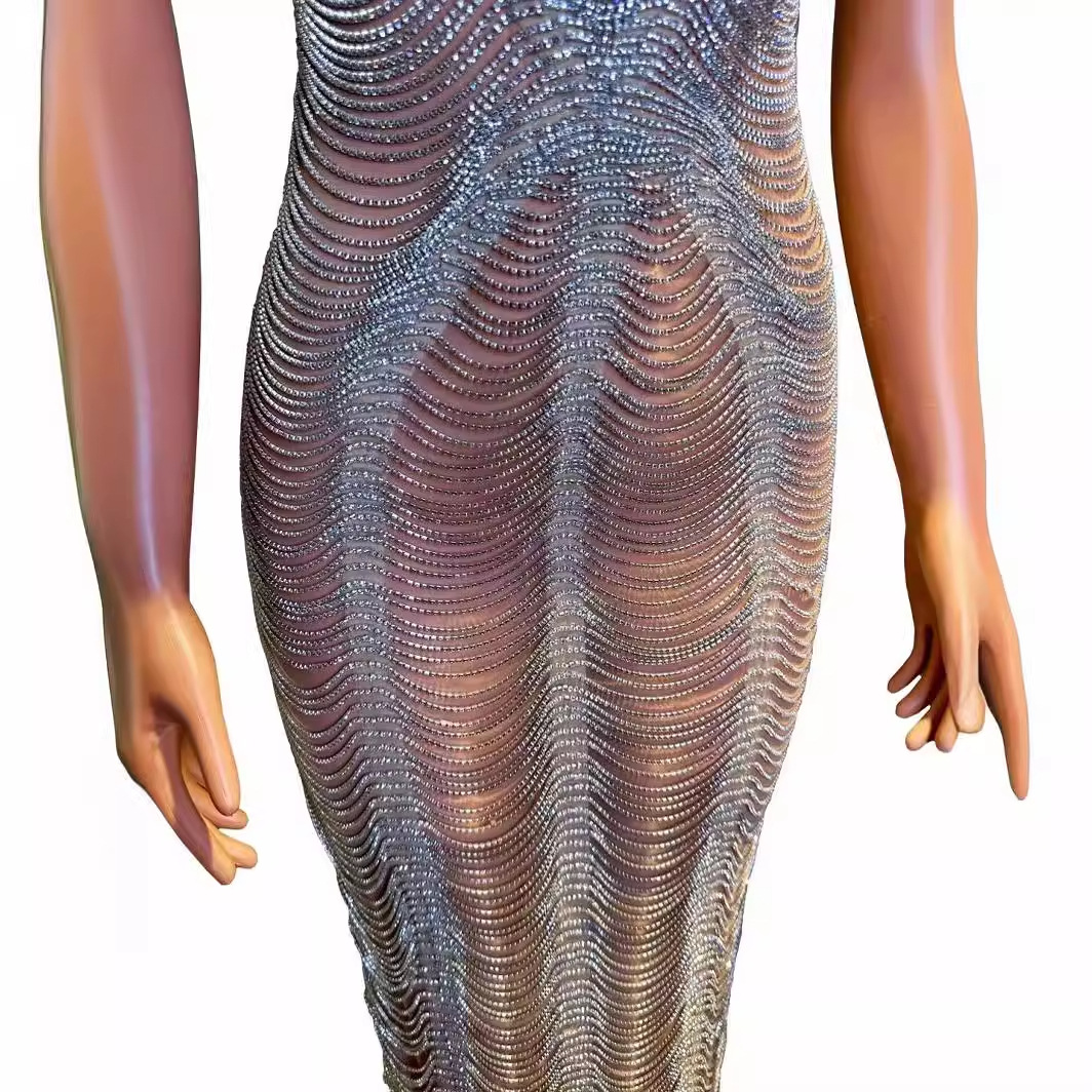 Sleeveless V Spaghetti Straps Slimming Over Drill Chain Sheath