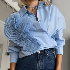 Lapel Design Mosaic Flower Women's Shirt - Blue - View 1