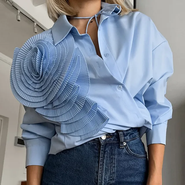 Lapel Design Mosaic Flower Women's Shirt Blue - Shop at LoveMi