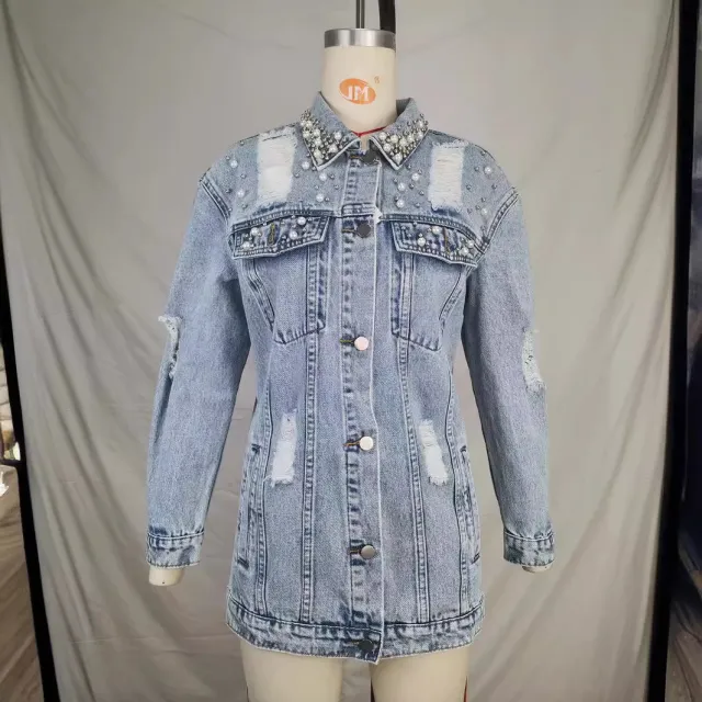 Fashion Solid Color Ripped Mid length Denim Jacket Light Blue - Shop at LoveMi