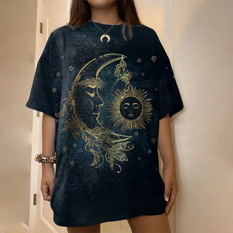 Retro Sun And Moon Printed Short Sleeve