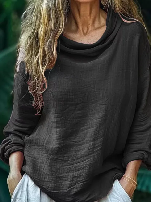 Spring Women's Casual Loose Fashion Long Sleeved Solid Color Pile Collar Pullover Pleated Top Black - Shop at LoveMi