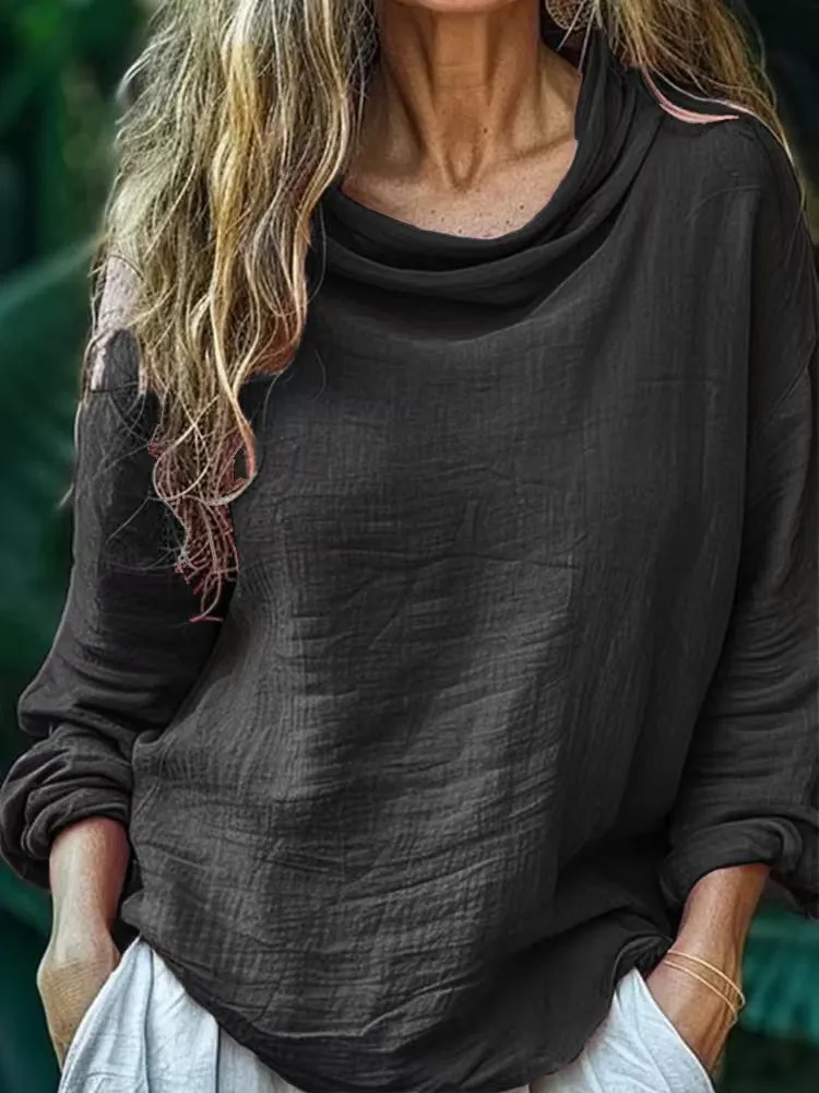 Spring Women's Casual Loose Fashion Long Sleeved Solid Colour Pile Collar Pullover Pleated Top - Black