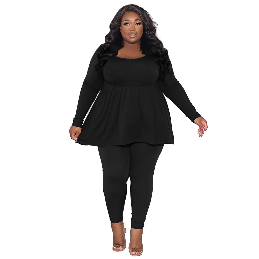 Women's Plus-Size Solid-Color Long-Sleeve T-Shirt Two-Piece Set - Black