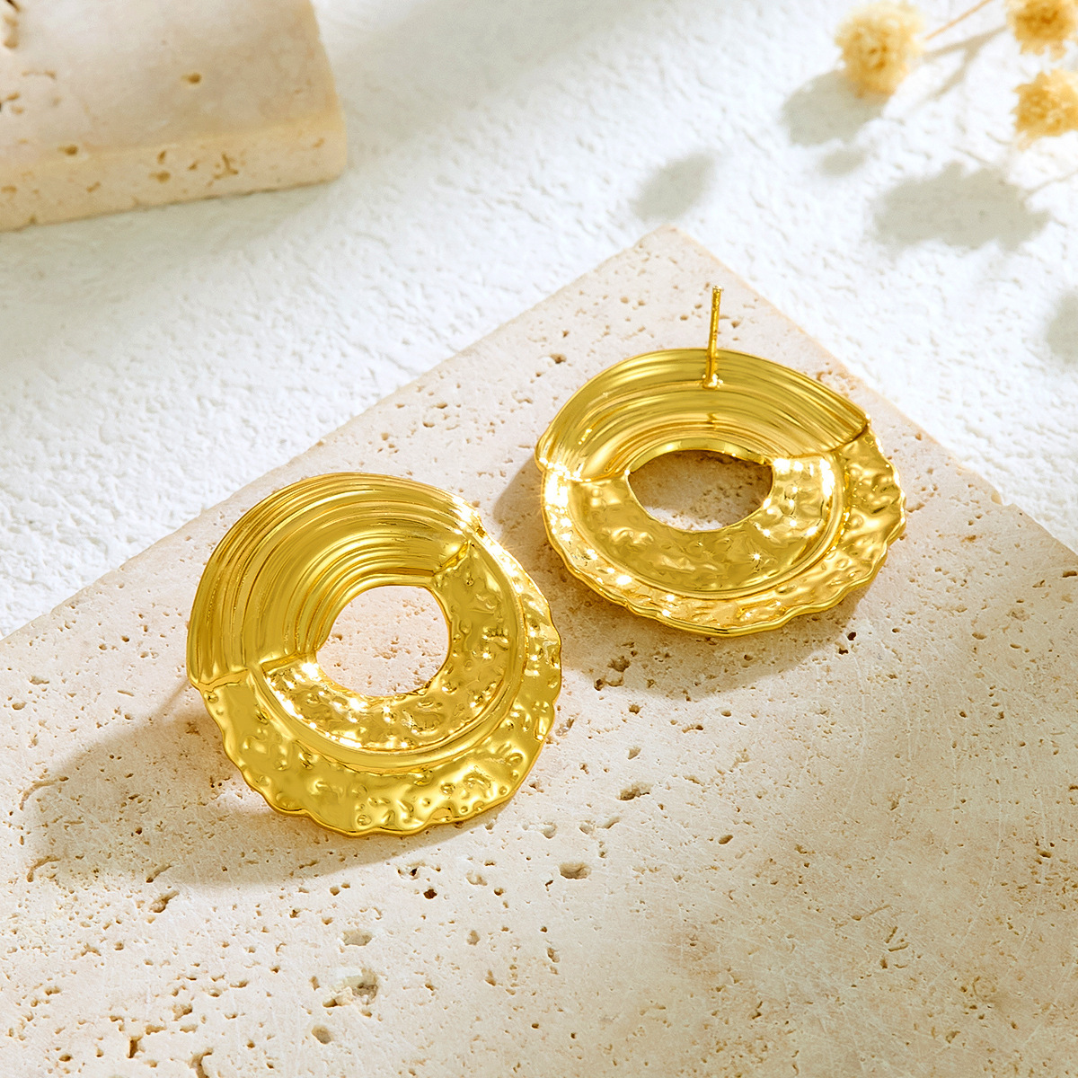 18k Gold Stainless Steel Earrings With A Crinkled Hammered Finish Featuring Hollowed out Circular Hoops Earrings
