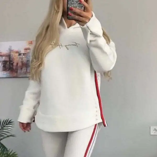 Women's Simple Printed Casual Hooded Top Leggings Suit White - Shop at LoveMi