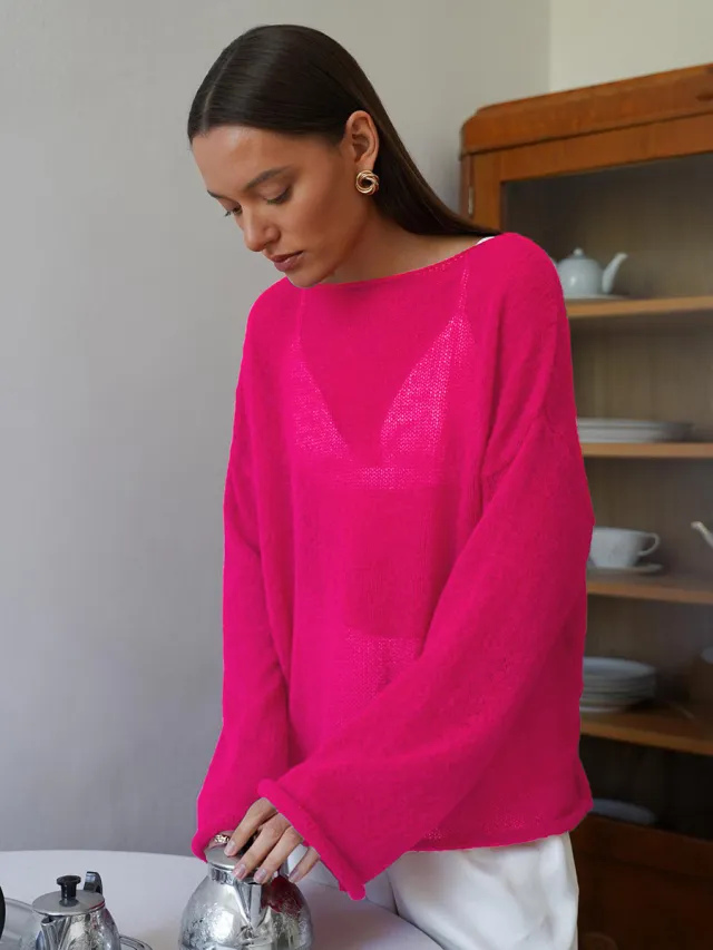 Hollow Sweater Thin Scoop Bell Sleeve Women Rose Red - Shop at LoveMi