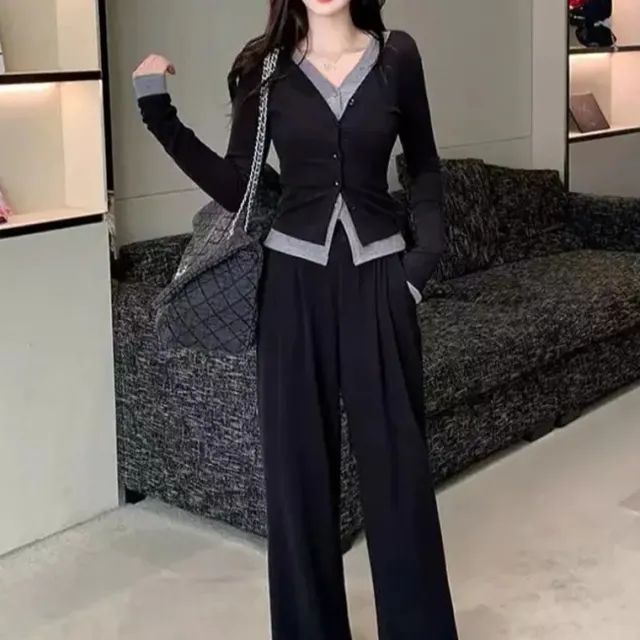 Plus Size Women's Fake Two piece Top High Waist Wide Leg Pants Two piece Set Black - Shop at LoveMi