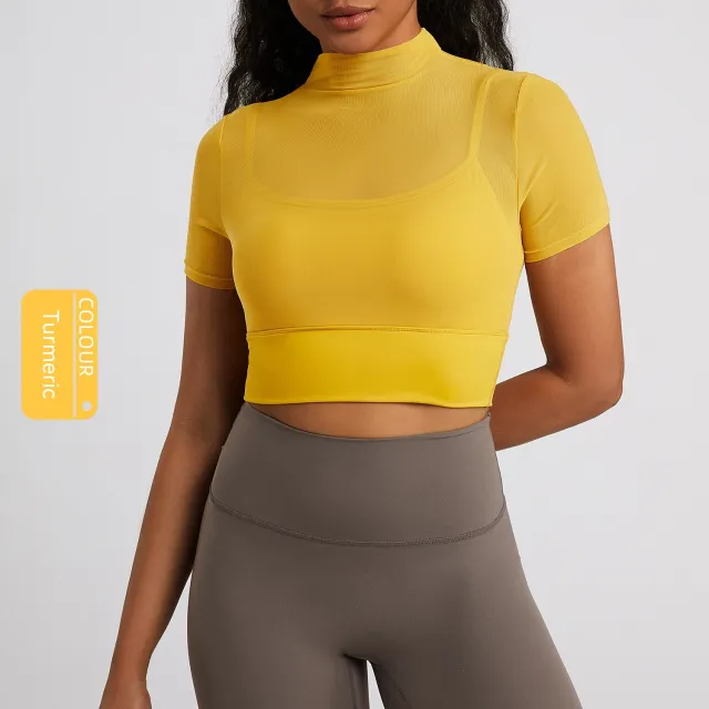 Mesh Short Sleeve Women's Sports Breathable Hollow out One piece T shirt Turmeric S - Shop at LoveMi