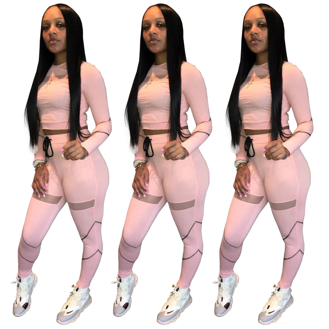 Mesh Stitching See-through Stripe Fluorescent Contrast Color Sports Casual Two-piece Suit