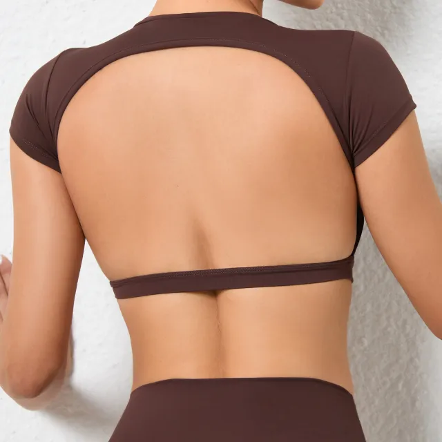 Quick drying Sports Yoga Jacket Outdoor Running Beauty Back Fitness T shirt Brown - Shop at LoveMi
