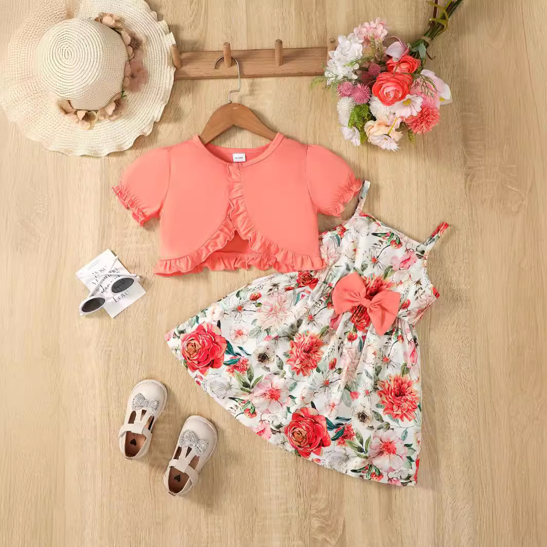 Sweet Little Girl's Floral Print Bowknot Suspender Dress Set