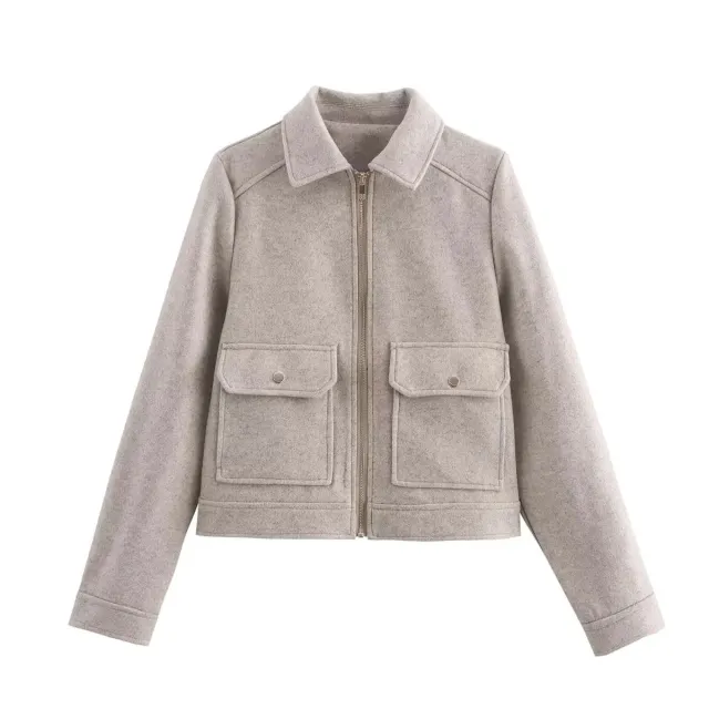 Women's Lapel Woolen Pocket Zipper Coat Khaki - Shop at LoveMi