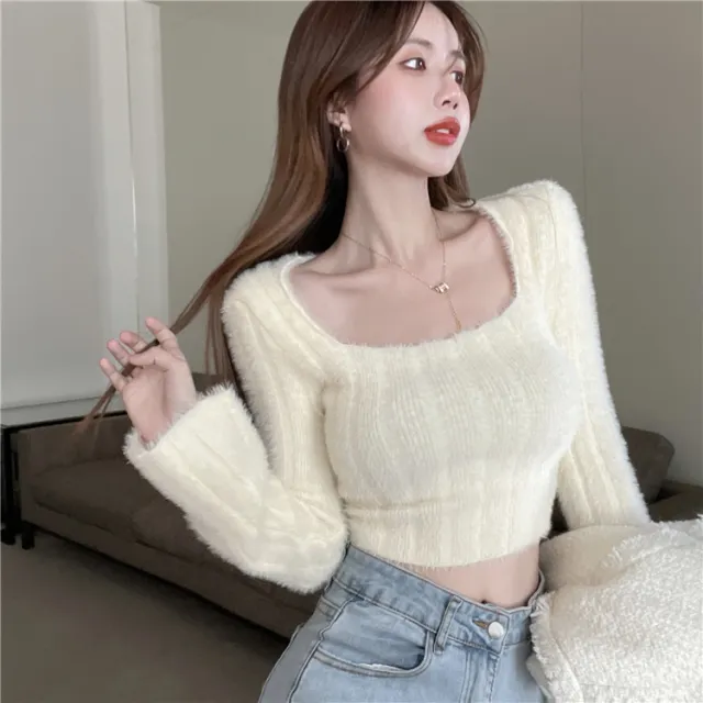 Pure Desire Style White Slim Fit Square Collar Bottoming Sweater Apricot - Shop at LoveMi