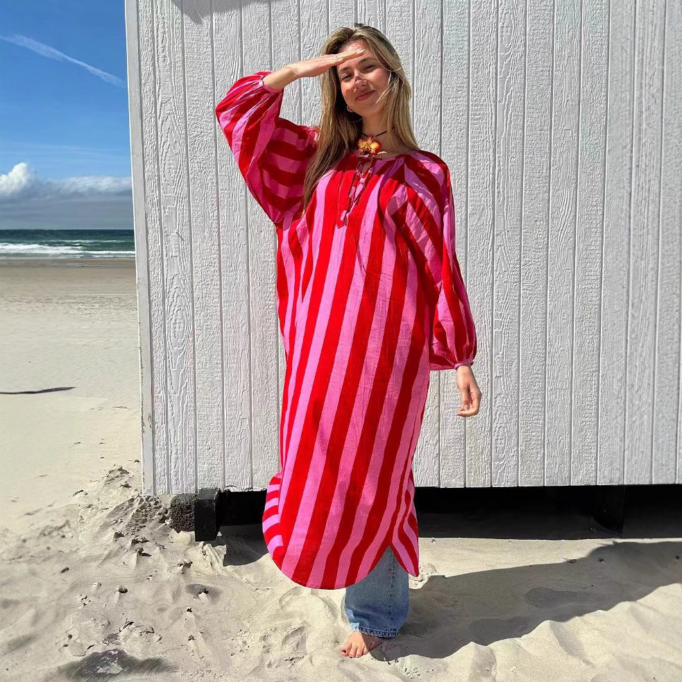 Womens Loose-Fitting Long Striped Print Dress