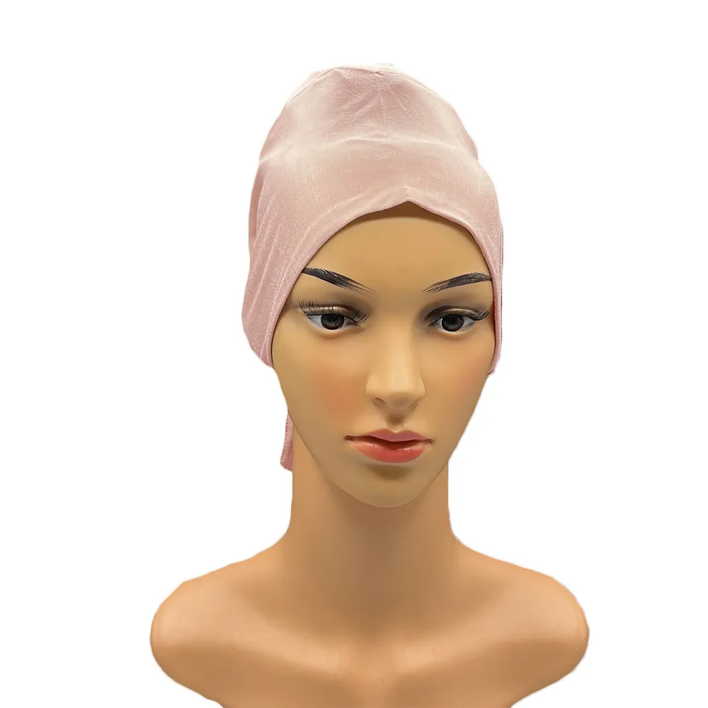 Satin Modal Mercerized Cotton Bottoming Hood Elastic Elastic Lace-up Adjustable Headscarf - Pink