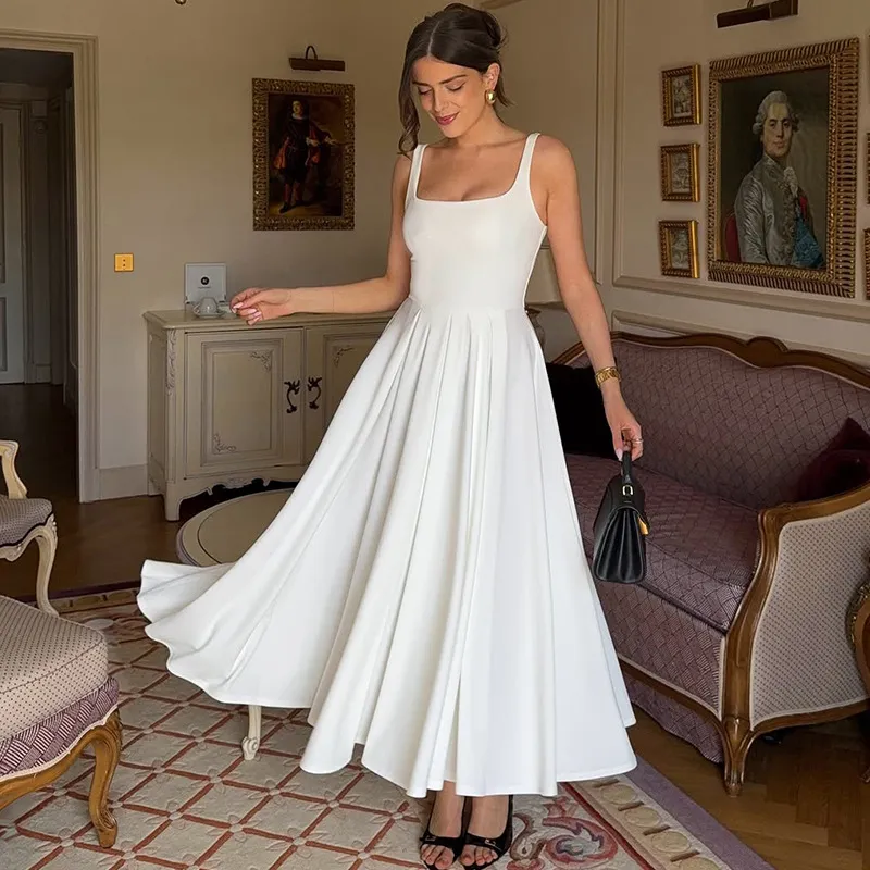 Square Collar Sleeveless Waist-slimming Long Dress Pleated Suspender - Beige