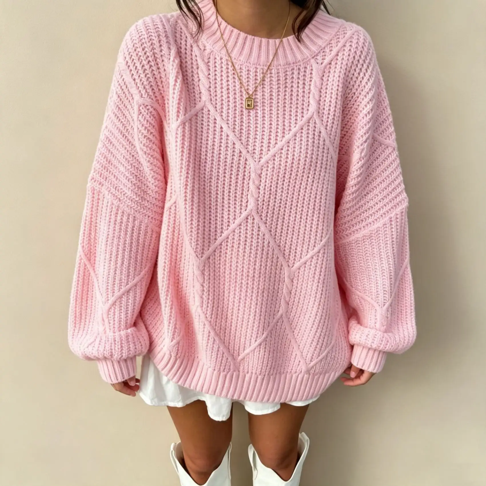 Womens Loose Knitted Sweater Solid-Color Pullover