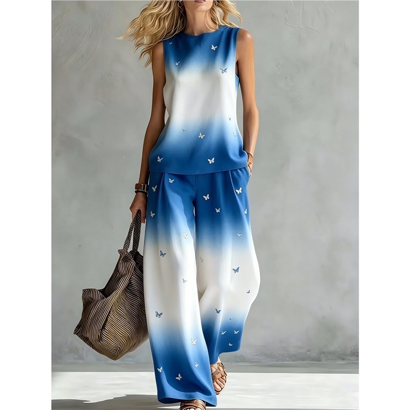 New-style Rainbow Tie-dye Sleeveless Crew-neck Top And Wide-leg Pants Womens Casual Two-piece Set 10