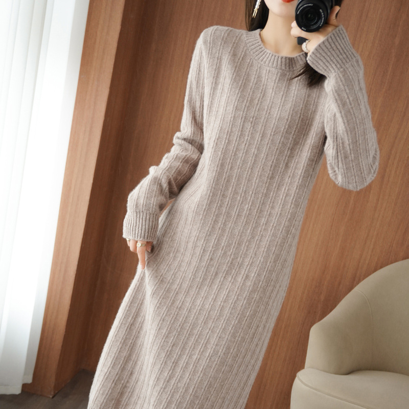 Mid length Women's Round Neck Autumn And Winter Dress Over The Knee Thick Knitted Elegant Camel - Shop at LoveMi