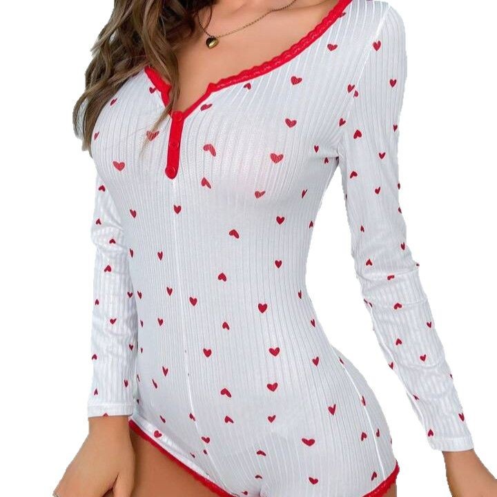Women's Jacquard Sunken Stripe One-piece Heart Printing Pajamas Suit