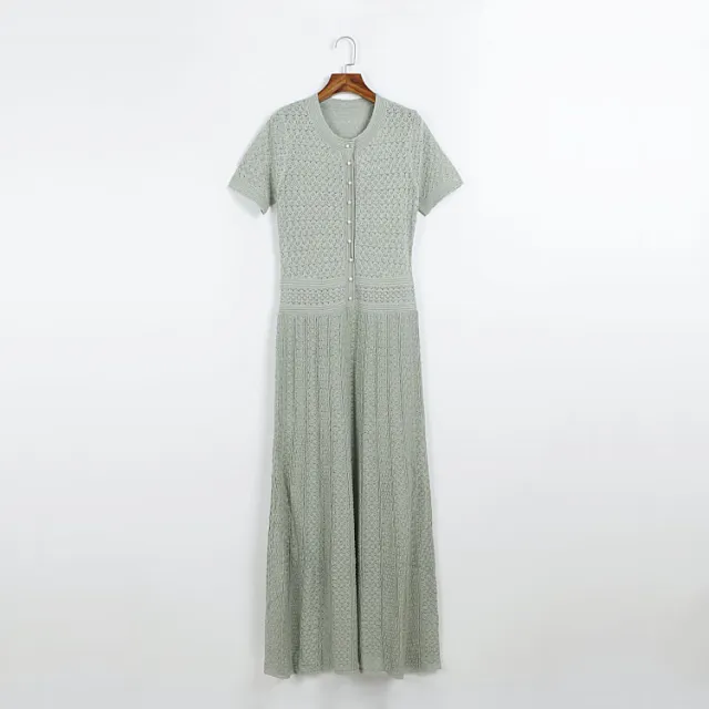 Row Pearl Button Diamond Pattern Large Hem Pleated Skirt Plus Short Sleeve Bean Green - Shop at LoveMi