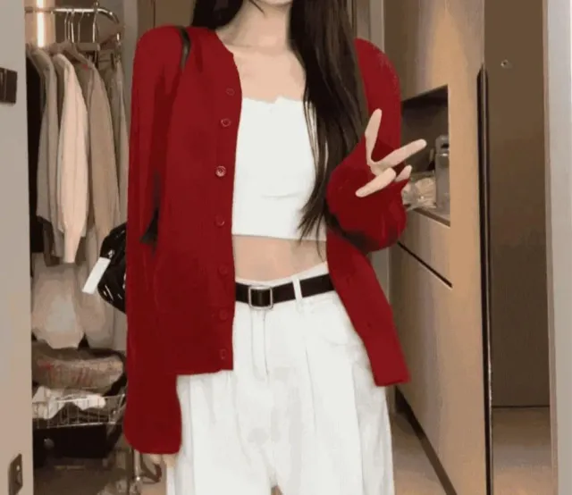 College Style Knitted Cardigan Thin Wool Sweater Retro Red - Shop at LoveMi