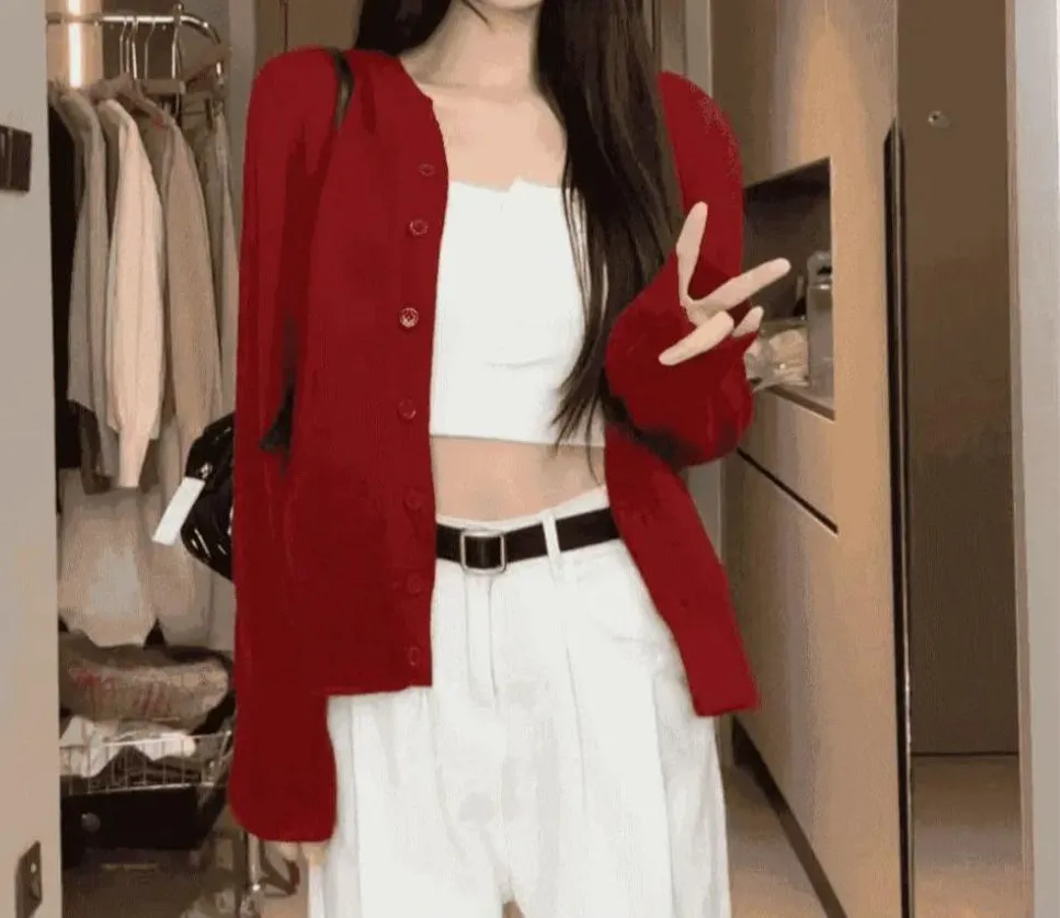College Style Knitted Cardigan Thin Wool Sweater - Retro Red