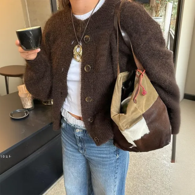 Casual Simple Buttons Long Sleeve Coat Sweater Brown - Shop at LoveMi
