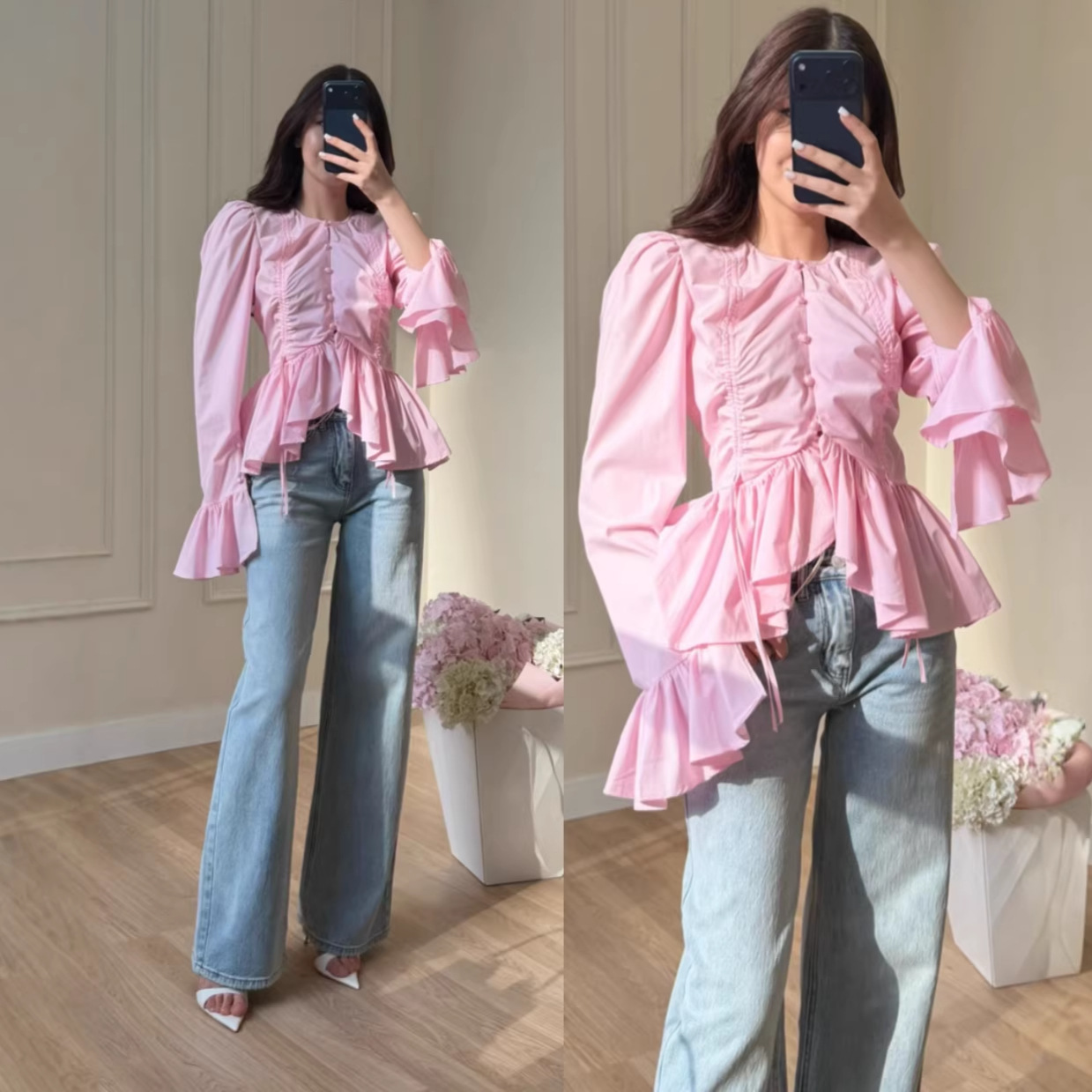 Womens Stylish Buttoned Ruffled-edge Blouse Top