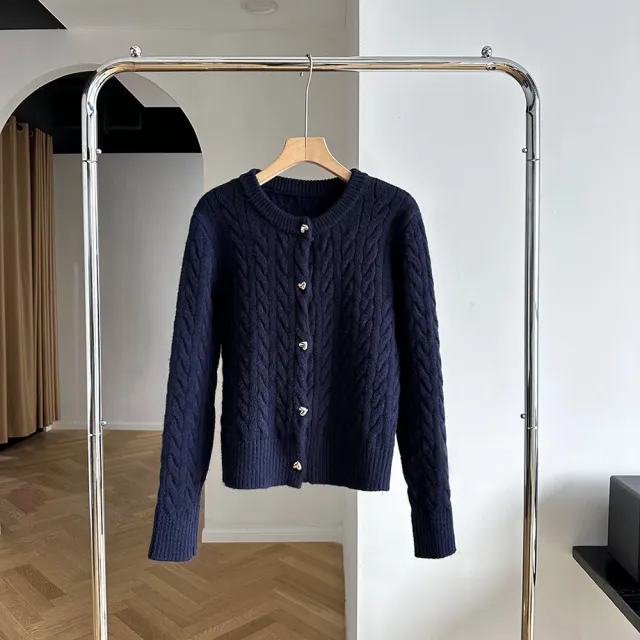 Delicate Fried Dough Twists Silver Button Sweater Versatile Top Dark Blue - Shop at LoveMi