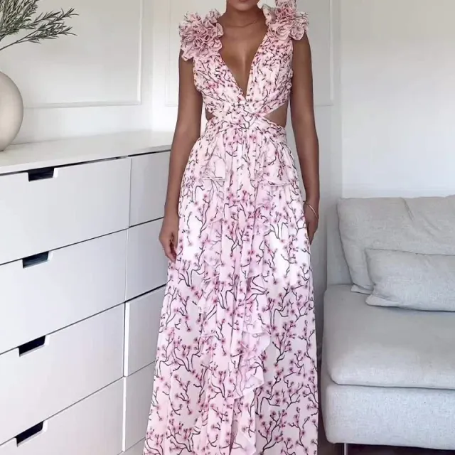 Autumn European And American Fashion Casual Home Floral Backless Dress Women Light Pink - Shop at LoveMi