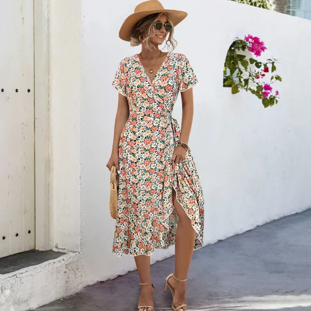 Women's Bohemian Cross V neck Tie shoulder Floral Long Dress Red Chrysanthemum - Shop at LoveMi