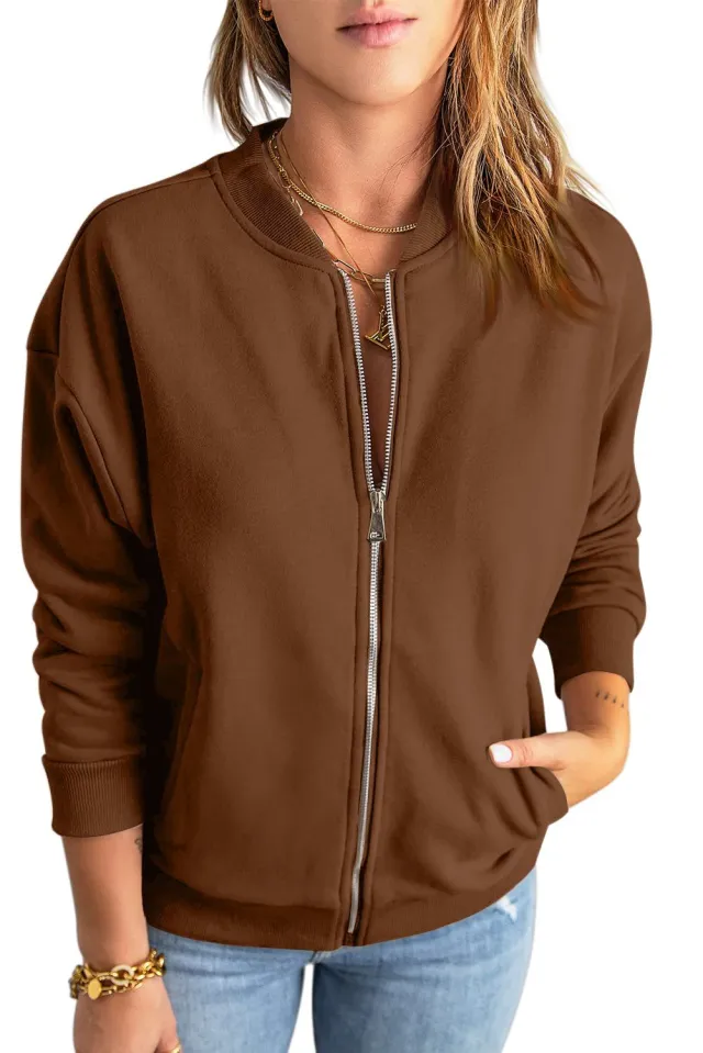 Women's Fashion Solid Color Zipper Jacket Coat Brown - Shop at LoveMi