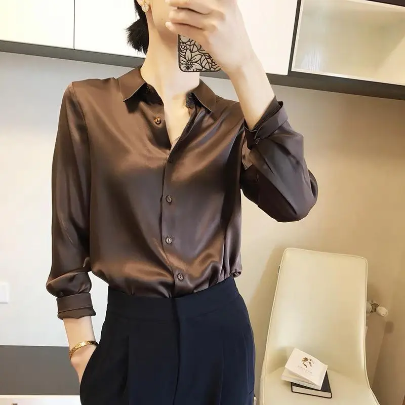 Satin Real Silk Shirt Elegant High-end - Chocolate-4Xl