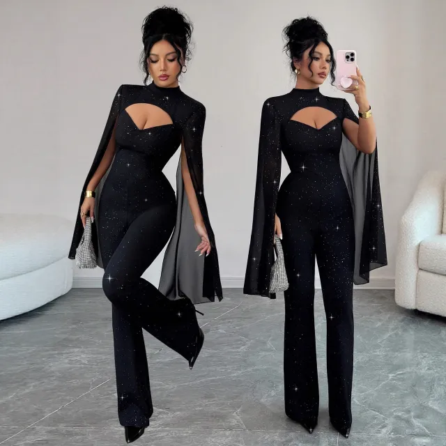 Women's Crew neck Ribbed Chiffon Cape style Bodycon Jumpsuit Black - Shop at LoveMi