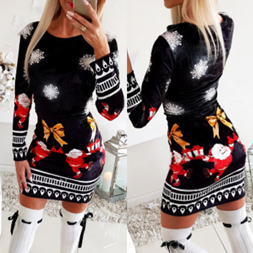 Mini Round Neck Slimming Long Sleeve Christmas Printed Knitted Dress Black - Shop at LoveMi