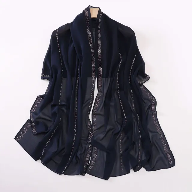 Women's Fashionable New Pearl Chiffon Scarf Navy Blue - Shop at LoveMi