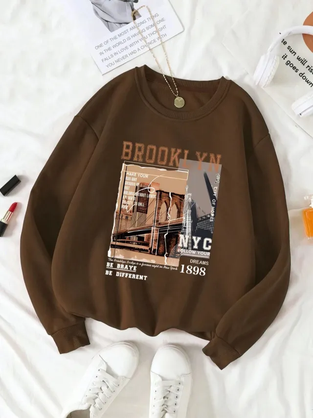 Women's Print Thermal Lined Crew Neck Loose Pullover Long Sl Brown - Shop at LoveMi