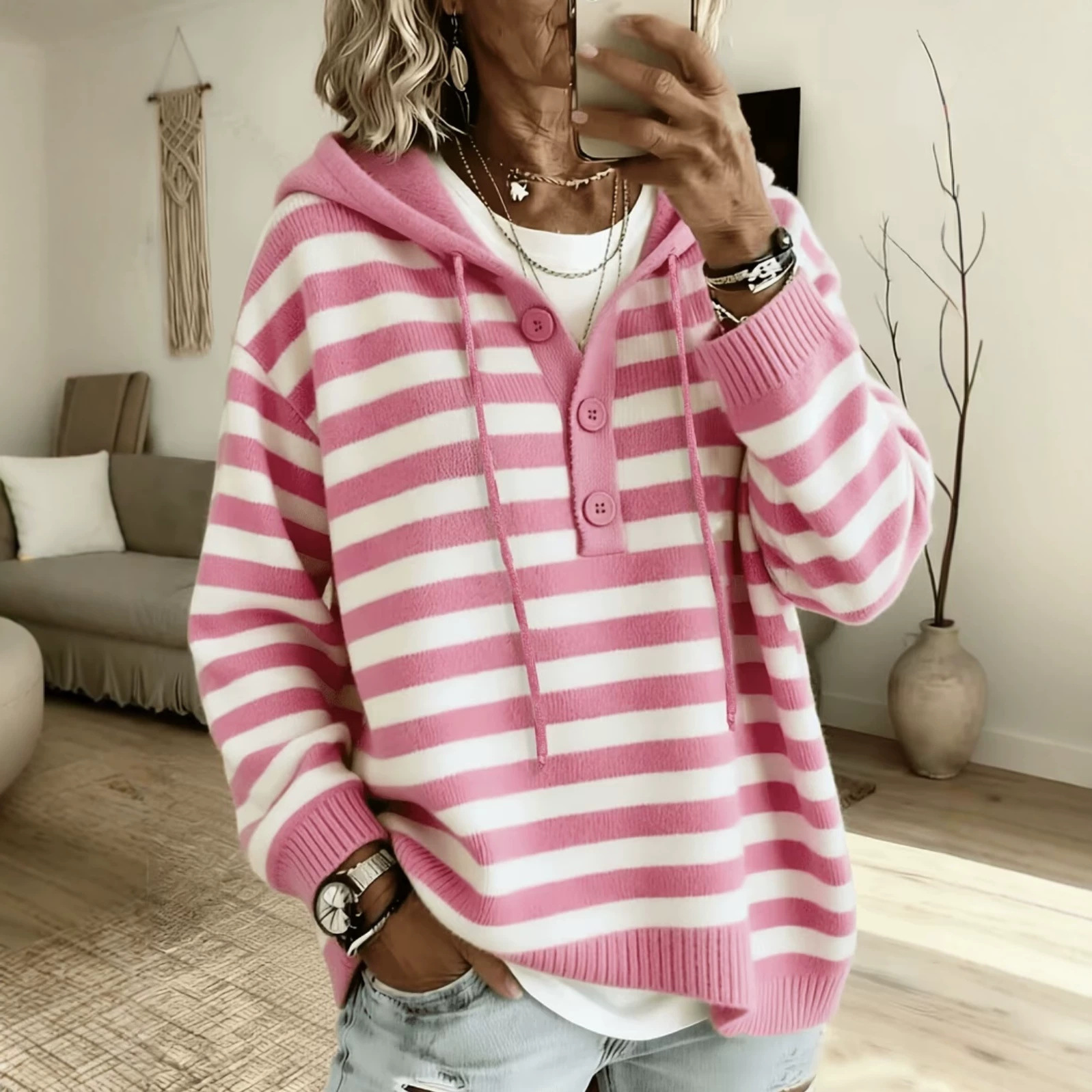 European And American-style Hooded Striped Pullover Knit Sweater