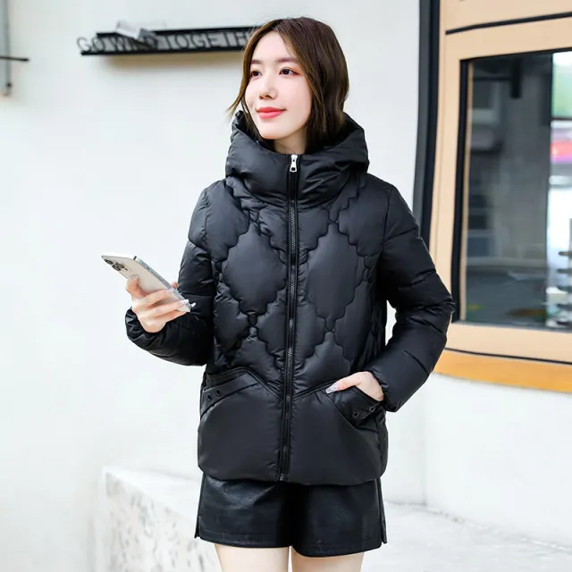 Cotton Coat Rhombus Thickened Cotton Coat Fleece lined Cotton Coat Jacket Black - Shop at LoveMi
