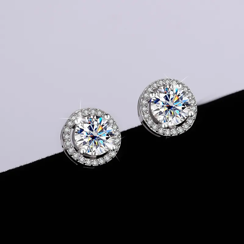 S925 Sterling Silver Genuine Goods Moissanite Round Bag Stud