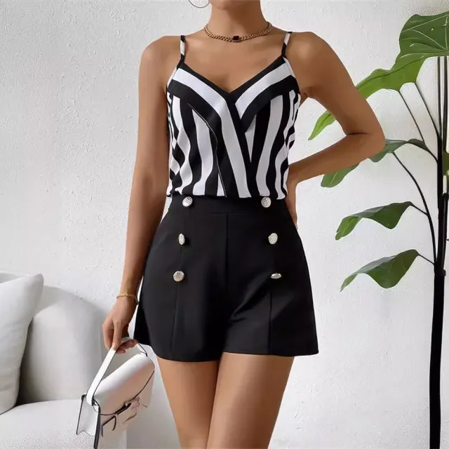 Striped Spaghetti Straps Lotus Leaf Top And Shorts Two piece Set Shorts And Suspenders - Shop at LoveMi